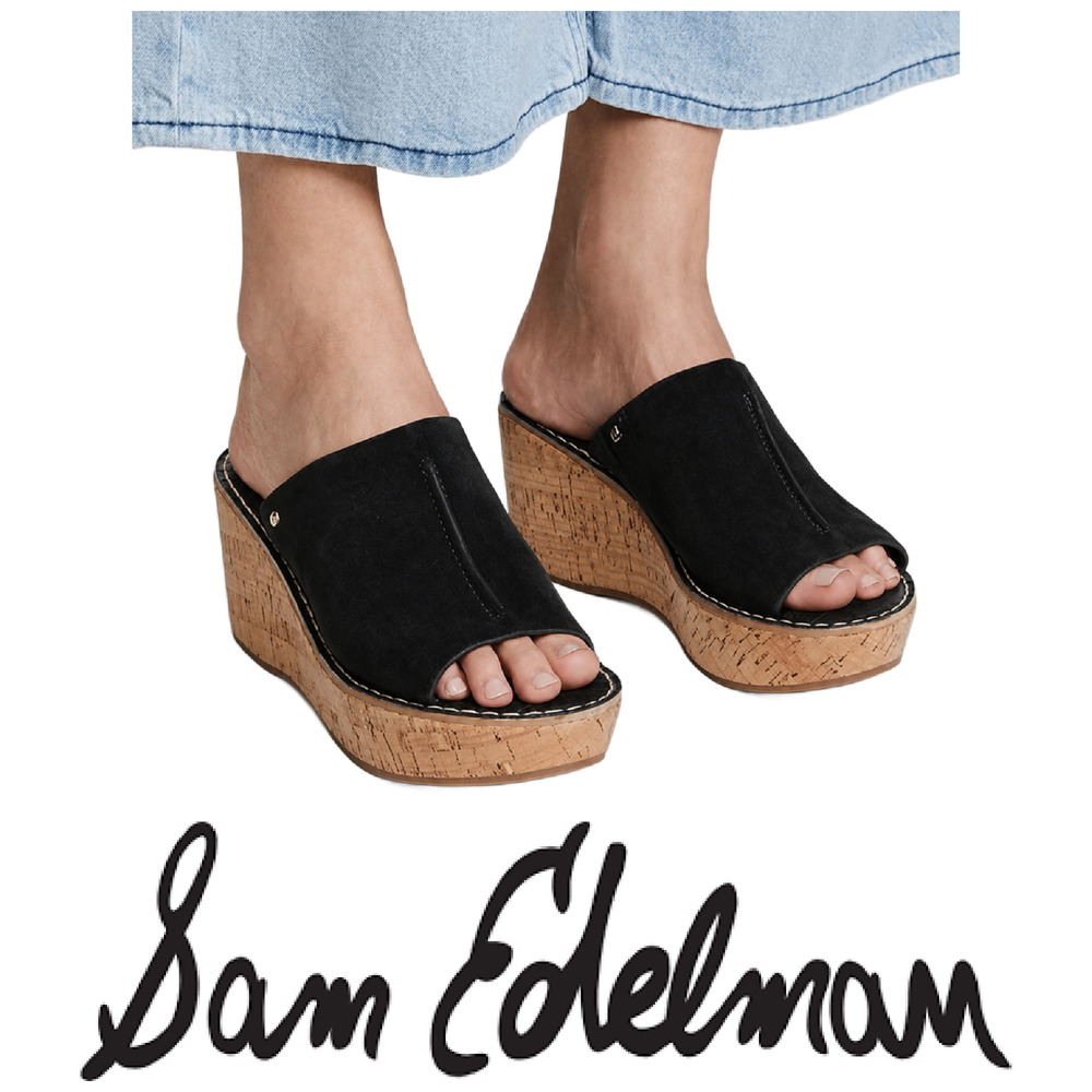 Sam Edelman Ranger Sz 11 Black Suede Cork Wedge Platform Slide Sandals Minimal